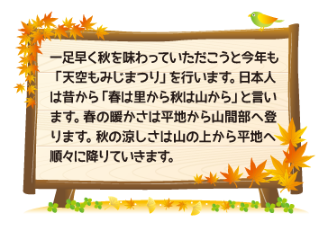 一足早く秋を味わっていただこうと今年から「天空もみじまつり」を行います。日本人は昔から「春は里から秋は山から」と言います。春の暖かさは平地から山間部へ登ります。秋の涼しさは山の上から平地へ順々に降りていきます。
